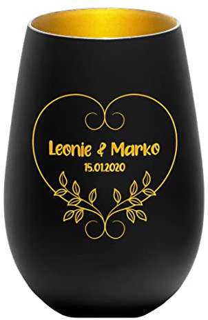 Glaskerzenhalter schwarz-Gold mit Wunschgravur - Motiv: Herz mit Blätter - personalisiertes Geschenk - Kristallglas Teelichthalter, Windlicht - Jahrestag, Verlobung - Liebespaar - Romantik