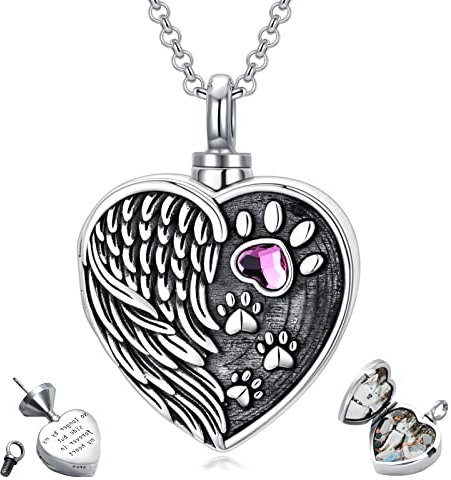 Pfote Engelsflügel Asche Urne Halskette 925 Sterling Silber Herz Kristall Foto Medaillon für Hund Katze Asche Hundpfote Feuerbestattung Erinnerung Andenken Schmuck Geschenke für Damen