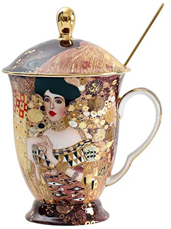 DECRZPB Ensemble de tasses à café en céramique Gustav Klimt Adele tasses à café avec couvercle et cuillère tasse à thé cadeaux pour les filles maman amoureux