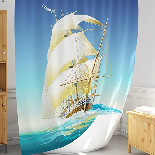 Rideau de douche bleu tissu qualité durable | Rideau pour salle de bain en trés joli motif de navire voiliers | Rideau a conception unique convient aux tringles rideau de douche et baignoire