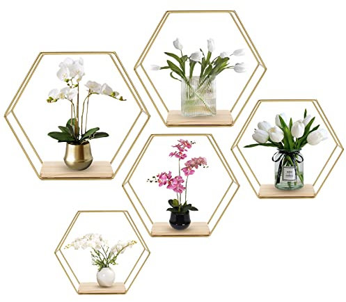 Hexagon Wandregal Metall 5er Set, Gold Deko Hängeregal Loft Wandregale, Wand Regal für Wanddeko in Wohnzimmer, Schlafzimmer, Bad, Café und Hotel