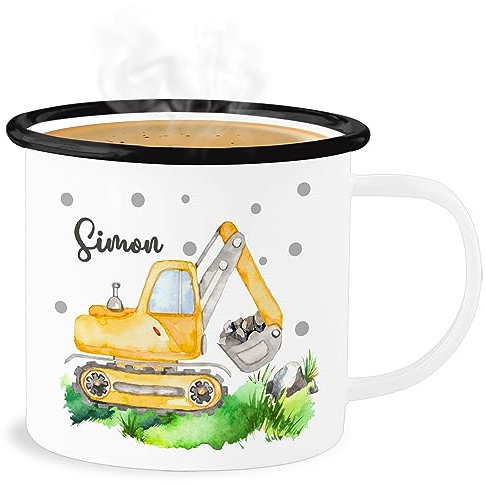 Emaille Becher Blechbecher - Bagger I Baggerfahrer Geschenk - 300 ml - Weiß Schwarz - kindertasse blech tasse kindergarten baufahrzeug name tassen kindergeschirr baustelle baggertasse fahrzeug
