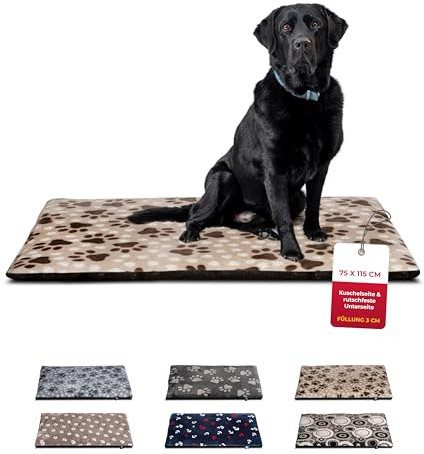 HS-Hundebett® Hundedecke L (75x115 cm) – rutschfest & gemütlich Dank 3 cm Füllung – Perfekt fürs Sofa, Auto & Hundebox – Pfote Beige, Made in DE