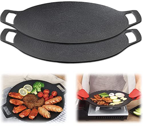 Gvqng Multifonction PoêLe Gril en Pierre MéDicale PoêLe AntiadhéSive, PoêLe à Barbecue CoréEnne, Fonte AssaisonnéE PoêLe à Frire Ronde avec PoignéE Anti-BrûLure,2pcs,L
