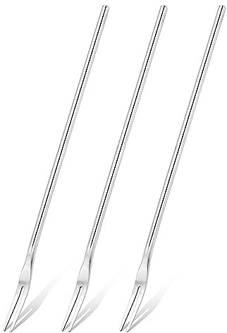 Set mit 3 Obstgabeln mit langem Griff, 21,6 cm, runder massiver Griff, Picks für Glas, SUS304 Edelstahl, Olivengabeln, 2-Zinken-Gabel für Dessert, Vorspeisen, Cocktail, Obst und Gemüse, Silber