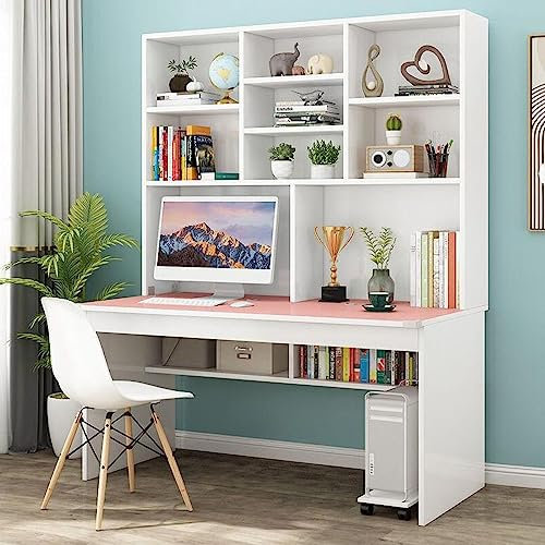 FAANAS Computer Desk with Bookshelf for Small Space, Wood Writing Table/Workstation Teens Student Study Table Home Office Desk Computer Desk with Hutch(47 Inch, Pink)