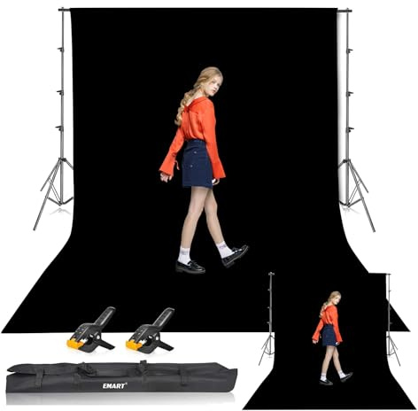 EMART Black Backdrop with Stand, 2.6x3m Photography Backdrop Stand Kit | 3x3.6m Black Backdrop for Photography，Background Support Kit with Carry Bag, for Portrait Video Studio Portrait Shooting