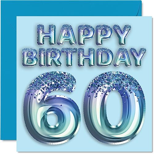 Stuff4 Geburtstagskarte zum 60. Geburtstag für Männer – Blauer Glitzer-Partyballon – Happy Birthday Karten für 60 Jahre alten Mann, Onkel, Opa, Opa, Oma, 145 mm