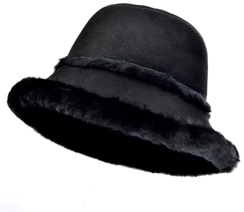 Harssidanzar Winter Fischerhüte für Männer und Frauen Lammfell Shearling Leder Warme Hüte Mützen Caps CU608EU, Schwarz, Größe L