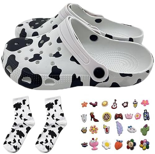 Kuh-Clogs, Hausschuhe mit Socken, 10 zufällige Schuhschnallen für Damen, bequem, zum Hineinschlüpfen, Wasser-/Strandsandalen, Indoor-Outdoor-Schuh, Weiss/opulenter Garten, 39/40 EU