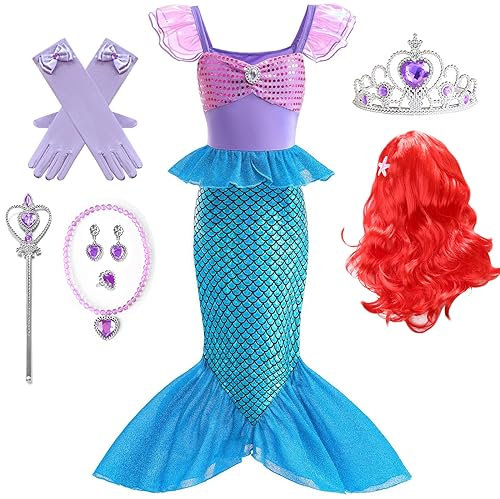 IWFREE Déguisement Sirène Costume avec Perruques Fille Princesse Ariel Pétillant Queue de Poisson Robe de Princesse et Accessoires pour Enfant Halloween Noël Carnaval Anniversaire Fêté Robe de Soirée