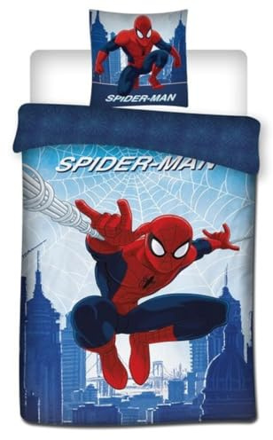 Spiderman Web Bettwäsche 140x200 + Kissenbezug 65x65 Baumwoll-Mischgewebe | Wendebettwäsche Einzelbett | Baumwoll-Mischgewebe schnelltrocknend Oeko-Tex | Marvel | Jungen | Geschenk | Maschinenwaschbar