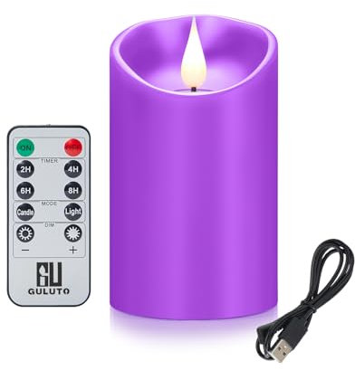 Guluto LED Candles, Rechargeable Battery Operated Flickering Purple Candles, Flameless Candles with Remote and Timer, Pillar Candles Real Wax for Home, Wedding, Halloween, Christmas /3 x 4