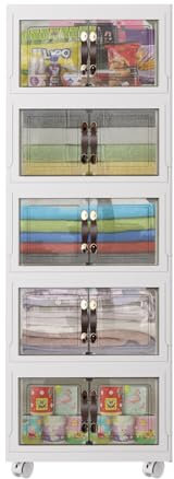 Contenitori impilabili con ruote e coperchi, contenitori pieghevoli per vestiti e libri, 5 x 34 l, organizer pieghevoli in plastica per armadio, con porta magnetica trasparente, per camera da letto e