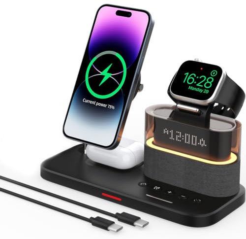 GLILAVOX Chargeur sans Fil 5 en 1 avec réveil pour Apple, Support magnétique pour iPhone 17/16/15/14/13/12,Apple Watch Series 11/10/9/(Ultra 3/2)/8/7/SE2/6/5,Air-Pods 4/3/Pro 3/2/Pro/2(Noir)