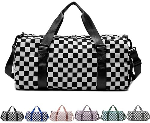 Schachbrettgitter Sporttasche Damen Gross, Schwimmtasche mit Nassfach, Sporttasche Damen/Herren Fitnessstudio, Gym Tasche, Reisetasche (schwarz)