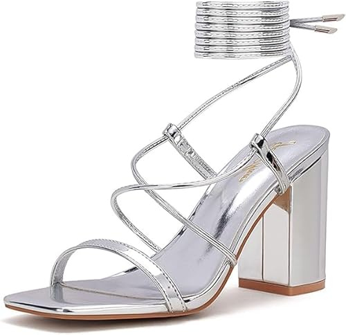 GENSHUO Sandali da Donna con Tacco Largo, Design con Cinturino per le Gambe da Donna, Eleganti Sandali con Cinturino a Tacco Alto, Sandali Estivi alla Moda per Matrimonio, 36-42 EU