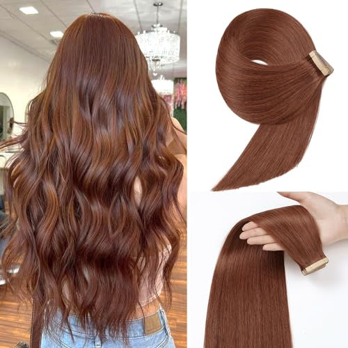 YDDM Tape In Extensions Echthaar 20pcs 55cm 50g Dunkelrotbraun Invisible Tape Extensions Echthaar Extensions Tape Extensions Echthaar Tape Extensions Skin Weft Haarverlängerung(22Zoll,33#)