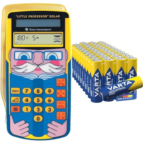 Texas Instruments Little Professor Rechentrainer (für Vor- und Grundschule, Solarbetrieben, mit 80.000 Rechenaufgaben) gelb-blau & VARTA Batterien AA, Industrial Pro, Alkaline Batterie, 1,5V