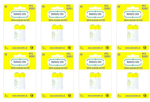 Battery Life 9v PP3 Batteries (Pack of 8) for Smoke Fire Alarm Detector Square Block MN1604 6LR61 6F22 Alkaline Long Life UK Brand