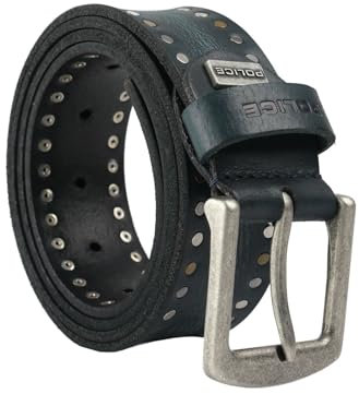 Police Herrengürtel aus echtem Leder, Nieten, 4 cm hoch, kürzbar, nickelfrei 125 (Größe 52-56), Blau 44 4 cm, 125 cm (TG 52-56)