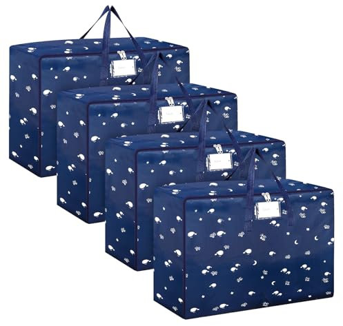4 Pcs 105L Large Storage Bag, Large Moving Bag with Zips for Moving Storage Clothes Bedding Duvet Quilt Blankets Waterproof Moving Totes Christmas Storage Containers (Dark blue)