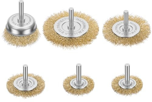 flintronic Wire Brushes Drills Set 6pcs, Metal Brushes with 1/4-Inch Shank Brush Brass Coated Wire Brush Wheel for Cleaning Rust , Polishing, Paint Removal and Cleaning Wood