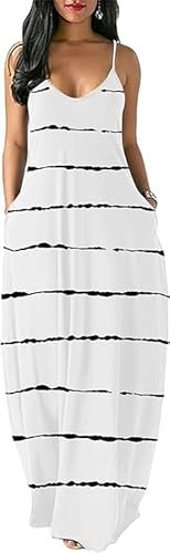 Generisch Damen Sommer Maxi Casual V-Ausschnitt Ärmellos Streifen Schultergurt mit Taschen Tiefe lose Split Kleider gestreift Flowy (Weiß,XXL)
