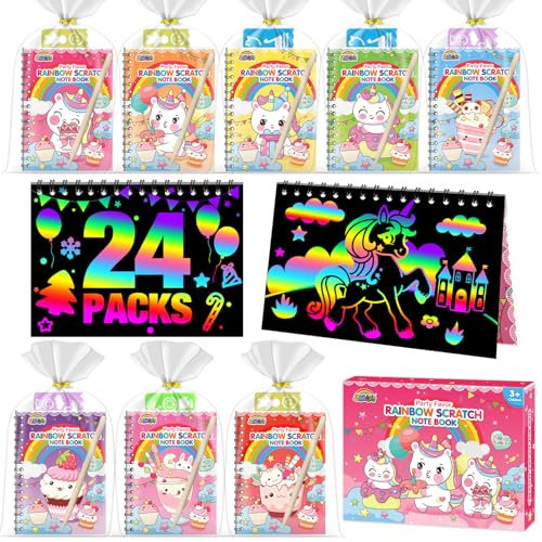 ZMLM 24 Bücher kratzbilder für Kinder, kratzbuch mädchen Magische Regenbogen Kratzpapier, Scratch Art mit 26 Holzstifte,6 Sets mit 4 Farben Malschablonen zum Basteln Party Mitgebsel Geschenk DIY