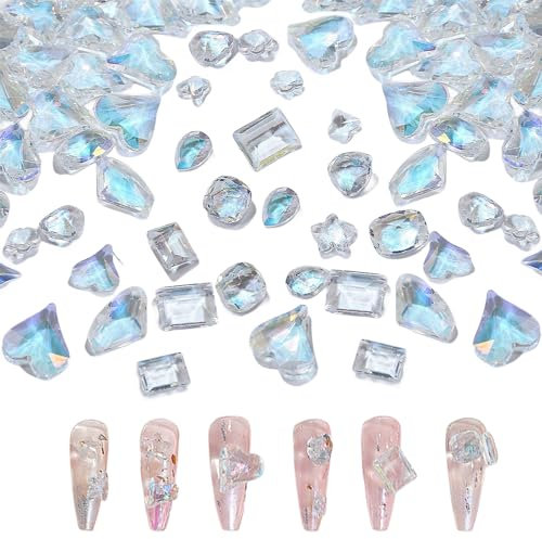 Nail Rhinestones for Nail Art, 80 Pcs Multi Shape Shiny Crystals Glass Nail Rhinestones and Gems Star Butterfly Flower Love Heart 3D Nail Charms Jewels for Nail Art Design DIY Crafts (Blue)