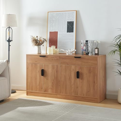 [en.casa] Sideboard Varkaus Wohnzimmerschrank mit 4 Türen und 2 Schubladen TV-Schrank Mehrzweckschrank 75x140x40cm Aufbewahrungsschrank MDF Eichenoptik
