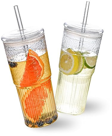 MINGHYZYA Taza de café helado de 20 onzas con tapas de vidrio y popotes, vaso de vidrio de borosilicato alto, reutilizable, de boca ancha (transparente, 2 tazas)