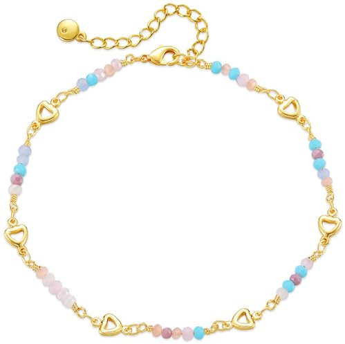 JDGEMSTONE Handgemachte Perlen Fußkette,Boho Fußkettchen,Surfer Fussketten für Frauen,Herz Fußkettchen für Damen,Mädchen,Fusskettchen Gold 585 Echtgold,Strand Accessoires,Designer Fußkettchen