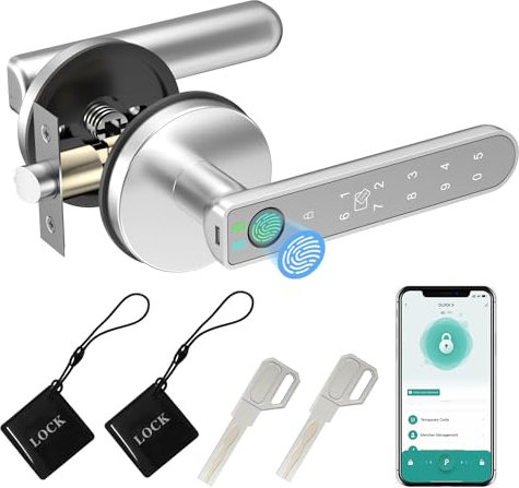 Fingerprint Door Lock, 5 in 1 Smart Door Knob with Smart APP/Fingerprint/IC Cards/Password/Backup Keys, Fingerprint Door Knob with Keypad for Bedroom, Office, Apartment, Silver