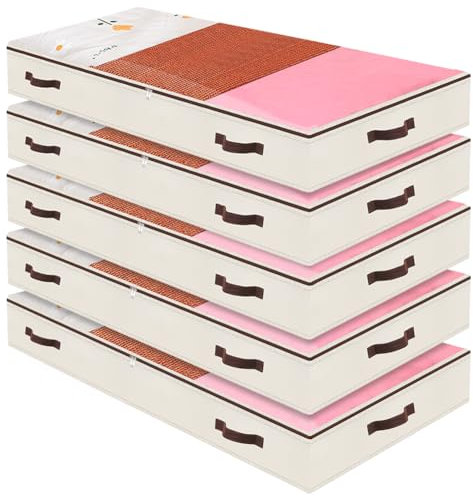 iwill CREATE PRO Satz von 5, transparenter Reißverschluss-Deckel unter Bett-Aufbewahrungsbehältern, zusammenklappbare Unterbett-Aufbewahrungstaschen für Schlafzimmer Schrank, waschbar, Beige