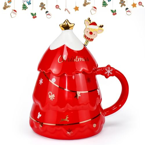 DTYGUIXE Taza de Navidad Grande de 400 ml, Taza Navideña con Tapa y Cucharita Taza de Cerámica en Forma de Árbol de Navidad Taza de Café Leche Té para Micoondas Lavadora, Rojo