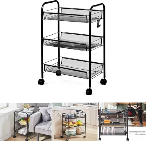 3 Tier Storage Rack Kitchen Bathroom Rotating Serving Bath Trolley Cart Shelf | 3-Tier Rolling Utility Cart with Caster Wheels,Easy Assembly, for Kitchen, Bathroom (Black)