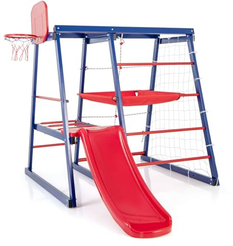 HOMASIS Parco Giochi per Bambini da Esterno con Scivolo, Scala per Arrampicarsi, Scala a Corda, Rete da Calcio, Canestro da Basket, Piattaforma in Tessuto, per Bambini da 3 a 7 Anni, 150x142x146cm