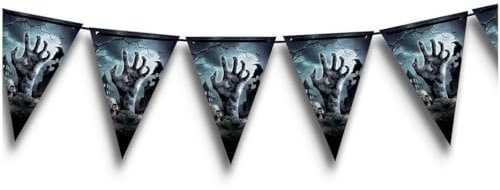 FIESTAS GUIRCA | Wimpelgirlande Friedhof (3m/20x30 cm) - Papierdekoration für gruselige Halloween-Partys - Ideal für schaurige Feiern - Grau