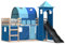 Sufrk Lit superposé avec toboggan et rideaux bleu 90 x 190 cm, lit, lit double, multifonctionnel, avec escaliers et armoires, garde-corps stable, adapté pour enfants, garçons et adolescents