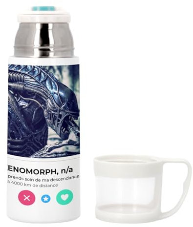 Thermoskanne aus Edelstahl mit integrierter Tasse – Xenomorph Netzwerk Alien Extraterreste Social Treffen Liebe – 350 ml – Thermosflasche