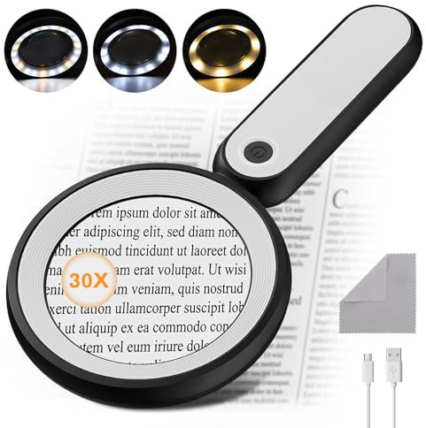 MoKo Lupe mit Licht, 30X Handheld-Leuchtlupe Lesehilfe für Senioren und Sehbehinderte, beleuchtete Lupe mit 21 LED-Leuchten & 3 Modi, wiederaufladbare Lupen für Lesen Inspektion Erkundung