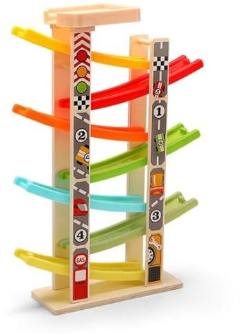 ODG - Piste à rampe en bois avec toboggans colorés et 7 voitures - Fun pour petits pilotes