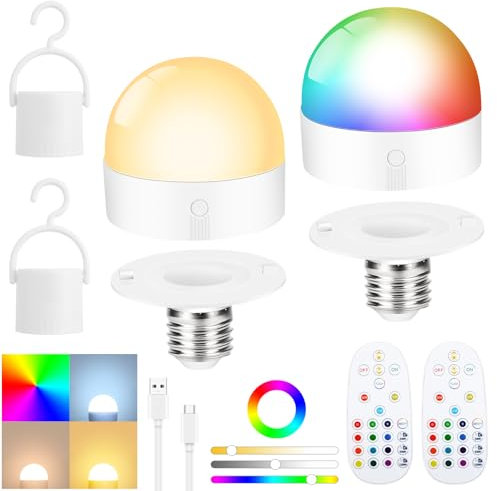 Vemfay Ampoule Rechargeable avec Telecommande, E27 RGB ampoule sans electricite, 12+3 Couleur Tactile Dimmable Timing, E27 Ampoule Batterie De Secours Avec Crochet 2500mAh, 6W,2 pack(3000/4000/6000K)