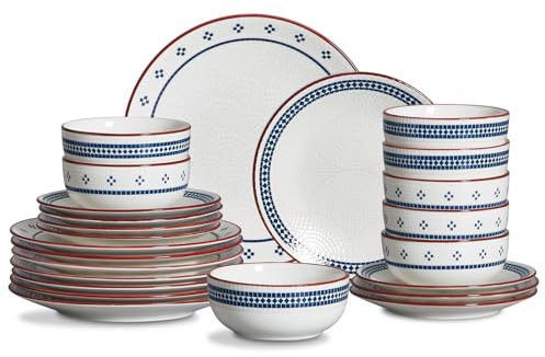 Service de Vaisselle 24 Pièces pour 8 Personnes, Ensemble en Porcelaine avec 8 Assiettes Plates, 8 Assiettes à Dessert, 8 Bols à Céréales, Compatible Micro-ondes et Lave-vaisselle