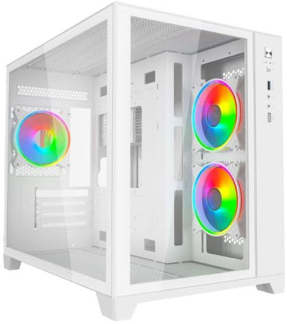 VIDA Akira V2 White ARGB Gaming Case w, Glass Front and Side, Micro ATX, 3x ARGB Fans, 6-Port PWM ARGB Fan Hub and Remote Control