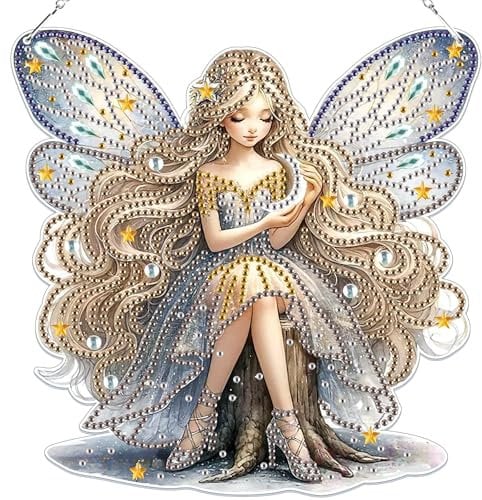 Lxmsja 5D Diamond Painting Anhänger Fee, Fee Diamond Painting Kinder Erwachsene, Fee Hängende Ornament Bastelset Kreativ Set für Erwachsene Geschenk Mädchen 7 8 9 10 11 Jahre, Kranz Tür Fenster Deko