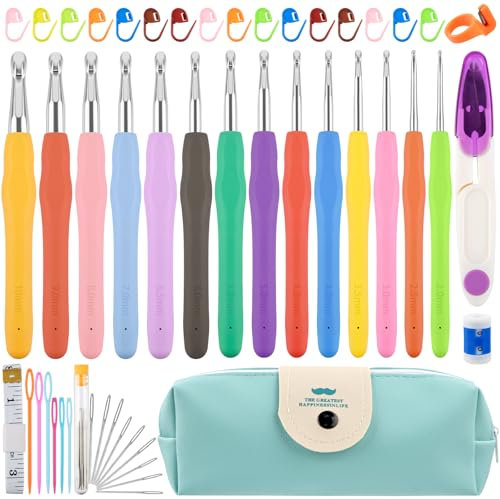 MINISOISO Set di 50 uncinetti, 14 misure da 2 mm a 10 mm per principianti con accessori per uncinetto
