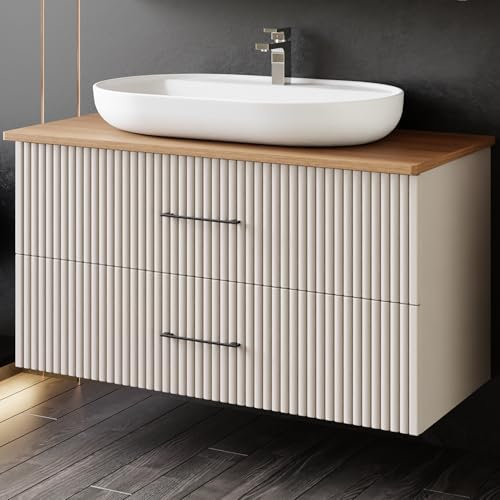 Karen Waschtisch mit Unterschrank Liana | Keramikwaschbecken | Unterschrank | Badmöbel | Aufsatzwaschbecken | Konsolenwaschtisch | Elegant | Badezimmer | Riffeloptik (Liana 100 mit Konsole Walnuss)
