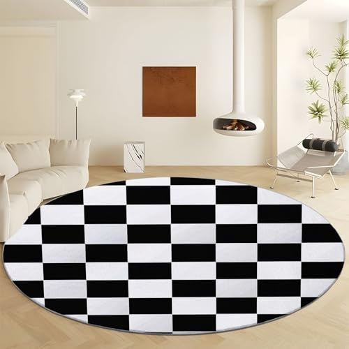 Waschbare Runde Teppiche 150 cm, Schwarz Weiß Karierte Quadrate Rutschfester Runder Rugs für das Wohnzimmer, Schachbrettmuster Weicher Niedrigfloriger Teppich für unter den Esstisch